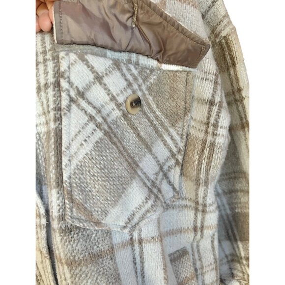 So Woman's Large Shacket Jacket Coat  Button Up Plaid Thick Cream Tan Work Schoo - Picture 6 of 11
